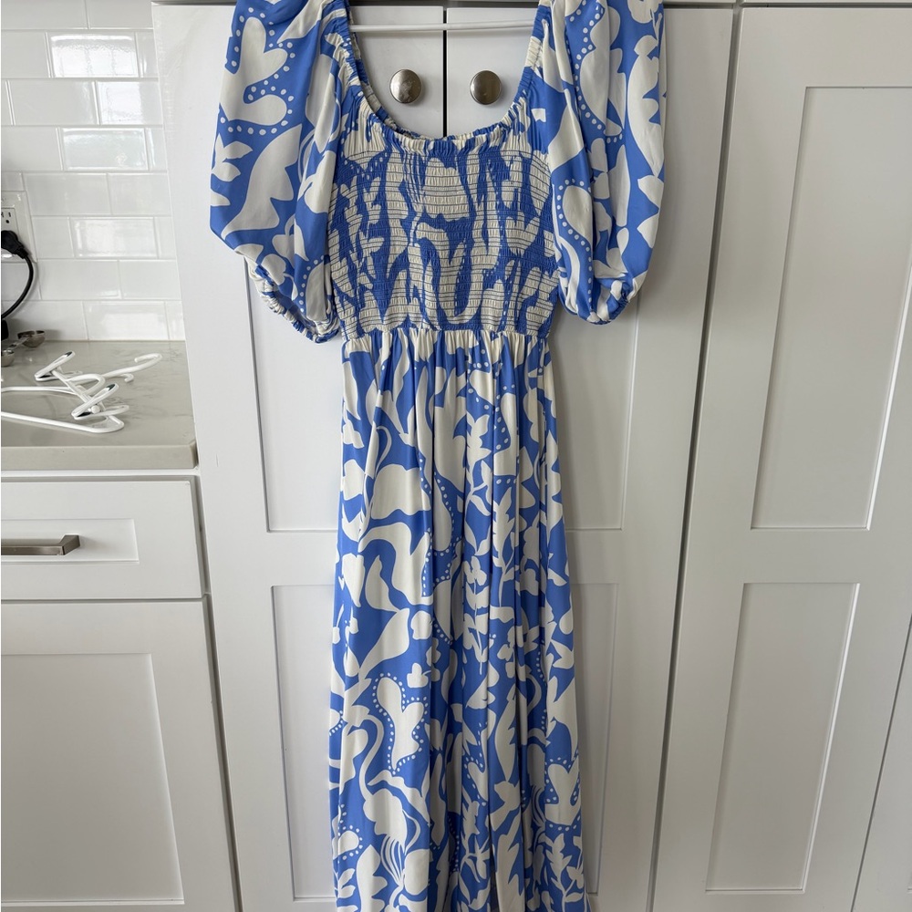 La Ligne: Blue & White Floral Puff-Sleeve Maxi Dress